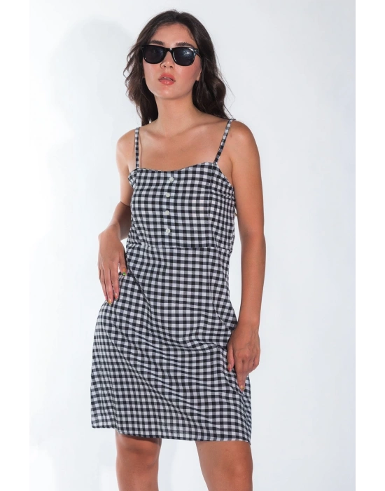 Yazlık Ayarlanabilir İp Askılı Yumuşak Dokuma Kumaş Siyah-Beyaz Mini Elbise