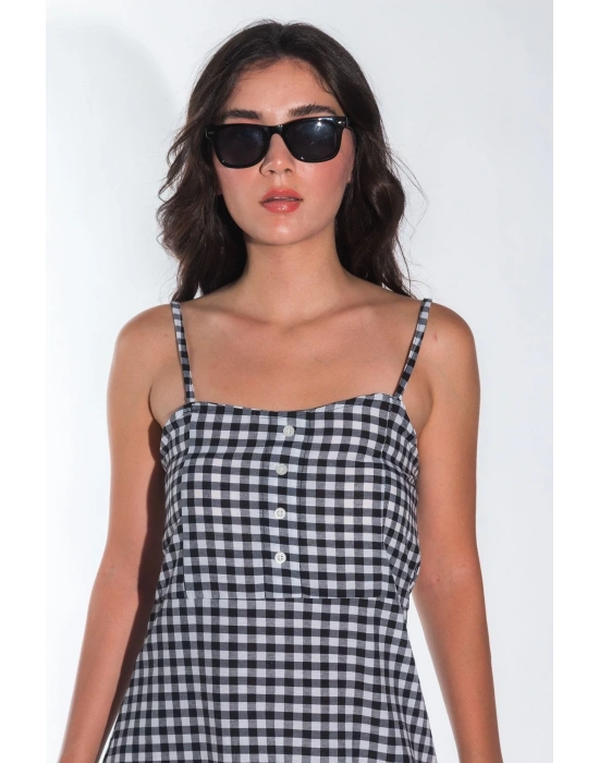 Yazlık Ayarlanabilir İp Askılı Yumuşak Dokuma Kumaş Siyah-Beyaz Mini Elbise