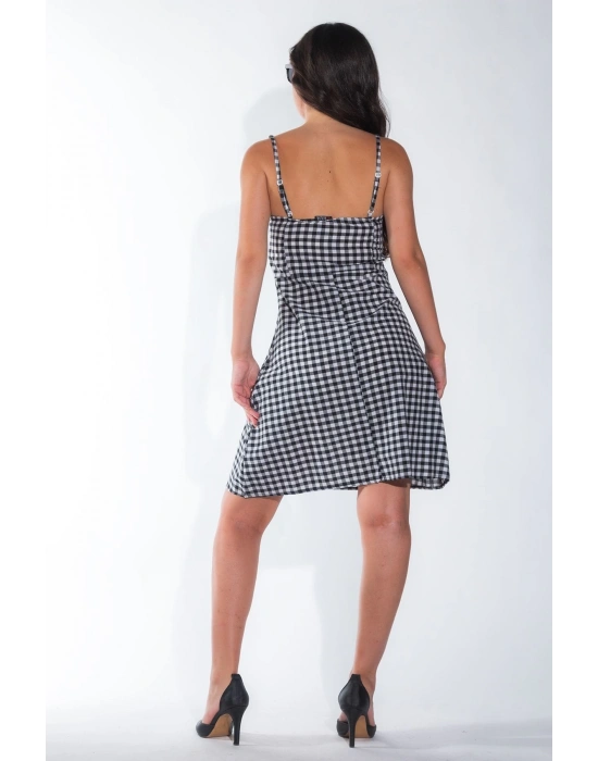 Yazlık Ayarlanabilir İp Askılı Yumuşak Dokuma Kumaş Siyah-Beyaz Mini Elbise