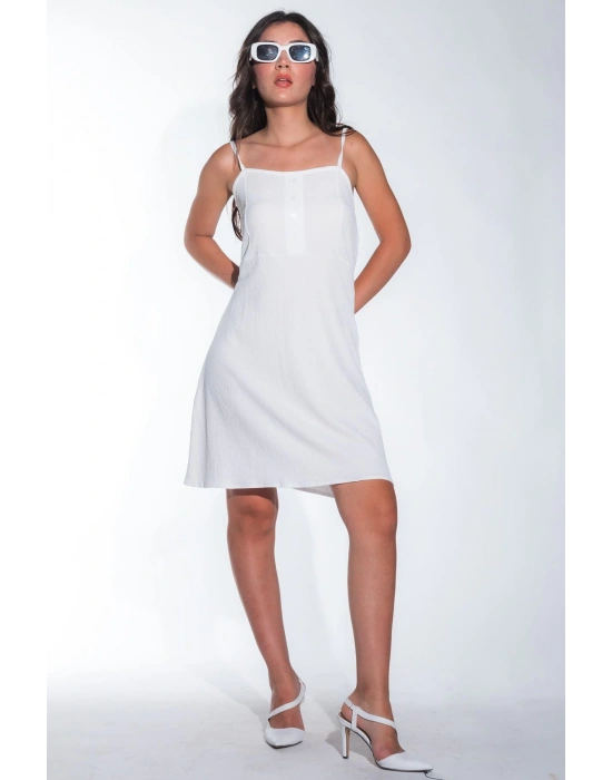 Yazlık Ayarlanabilir İp Askılı Yumuşak Örme Kumaş Beyaz Mini Elbise
