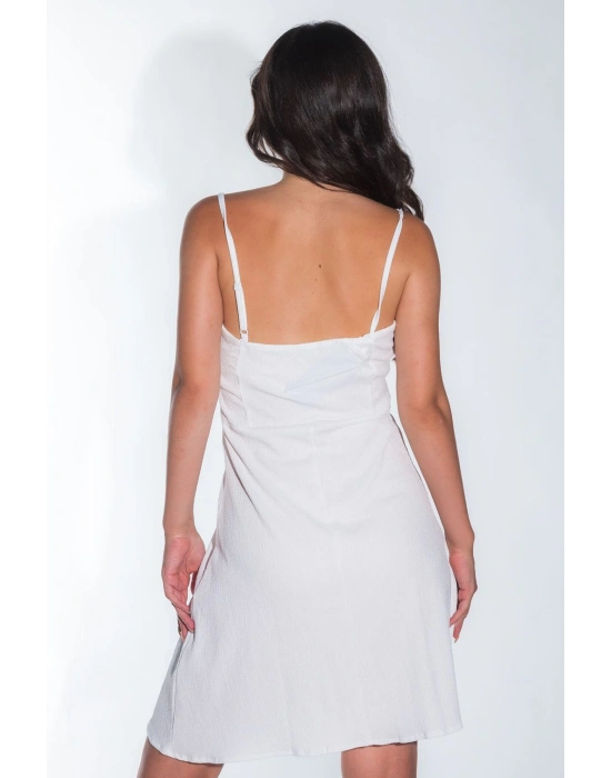 Yazlık Ayarlanabilir İp Askılı Yumuşak Örme Kumaş Beyaz Mini Elbise