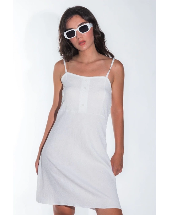 Yazlık Ayarlanabilir İp Askılı Yumuşak Örme Kumaş Beyaz Mini Elbise