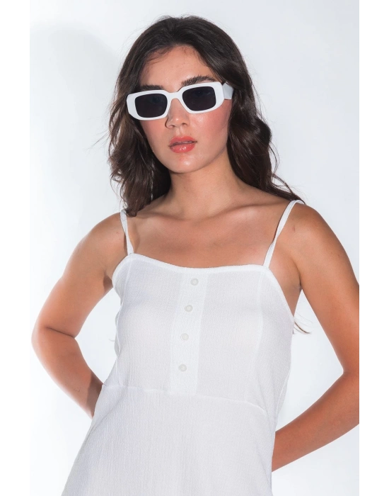 Yazlık Ayarlanabilir İp Askılı Yumuşak Örme Kumaş Beyaz Mini Elbise