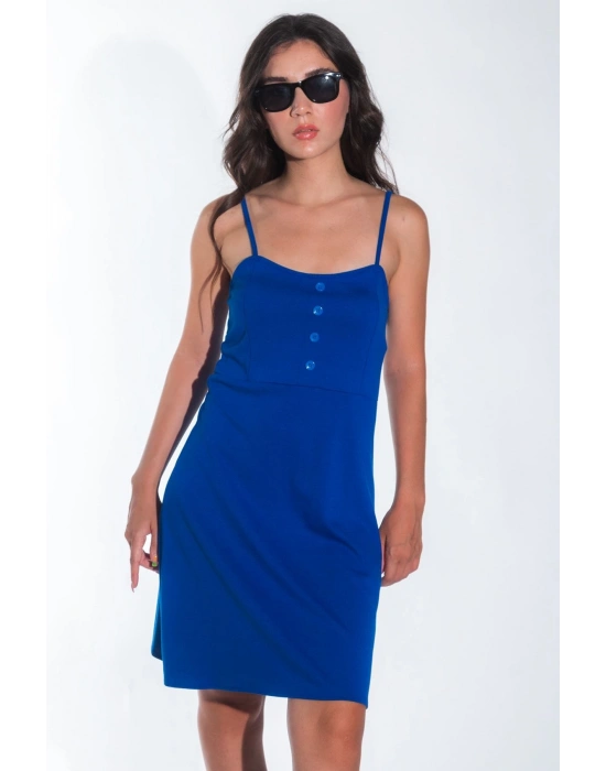 Yazlık Ayarlanabilir İp Askılı Yumuşak İnterlok Kumaş Lacivert Mini Elbise