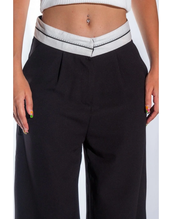 Kadın Siyah Bel Detay Bol Paça Yanları Cepli Piliseli Palazzo Kadın Kumaş Pantolon