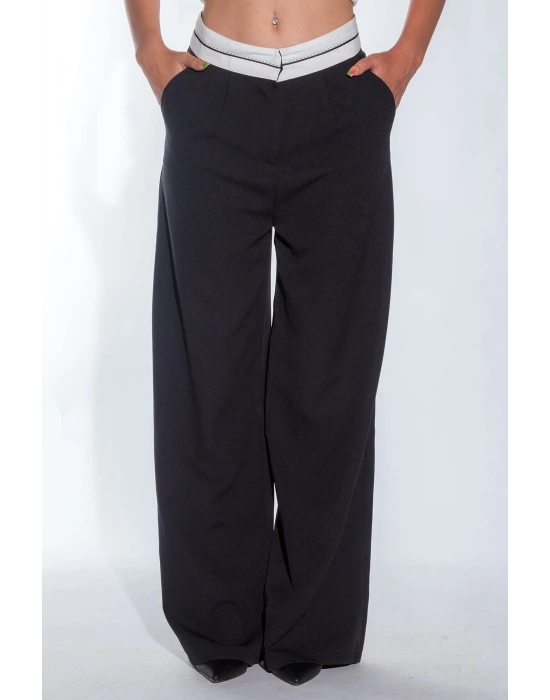 Kadın Siyah Bel Detay Bol Paça Yanları Cepli Piliseli Palazzo Kadın Kumaş Pantolon