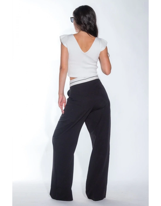 Kadın Siyah Bel Detay Bol Paça Yanları Cepli Piliseli Palazzo Kadın Kumaş Pantolon