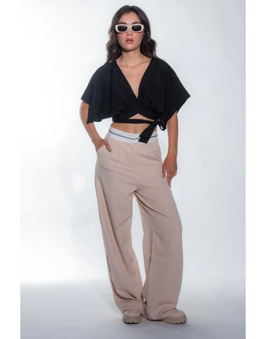 Kadın Bej Bel Detay Bol Paça Yanları Cepli Piliseli Palazzo Kadın Kumaş Pantolon