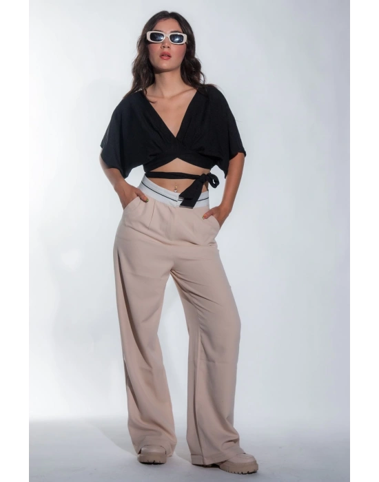 Kadın Bej Bel Detay Bol Paça Yanları Cepli Piliseli Palazzo Kadın Kumaş Pantolon