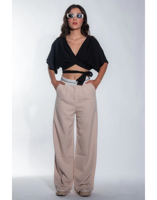 Kadın Bej Bel Detay Bol Paça Yanları Cepli Piliseli Palazzo Kadın Kumaş Pantolon