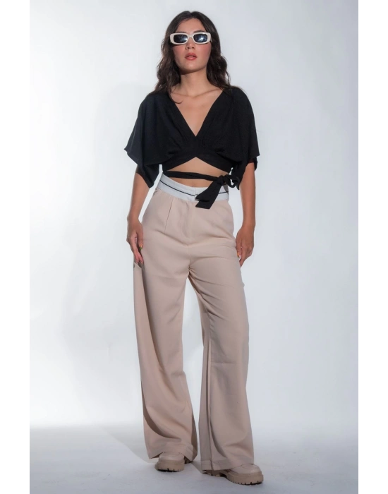 Kadın Bej Bel Detay Bol Paça Yanları Cepli Piliseli Palazzo Kadın Kumaş Pantolon