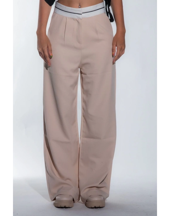 Kadın Bej Bel Detay Bol Paça Yanları Cepli Piliseli Palazzo Kadın Kumaş Pantolon