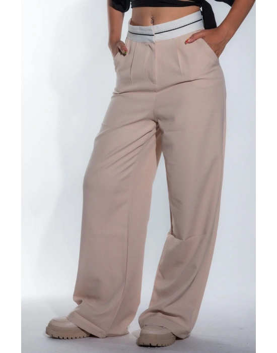 Kadın Bej Bel Detay Bol Paça Yanları Cepli Piliseli Palazzo Kadın Kumaş Pantolon