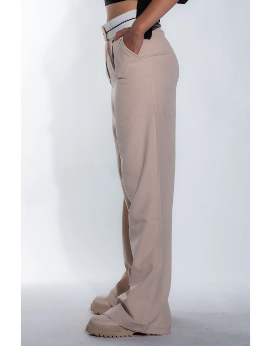 Kadın Bej Bel Detay Bol Paça Yanları Cepli Piliseli Palazzo Kadın Kumaş Pantolon