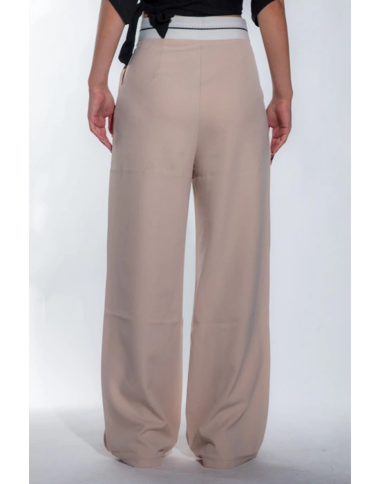Kadın Bej Bel Detay Bol Paça Yanları Cepli Piliseli Palazzo Kadın Kumaş Pantolon