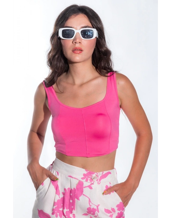 Kadın Önü Oval Kesim Çima Detay Sandy Kumaş Kalın Askılı Kadın Pembe Crop Bluz