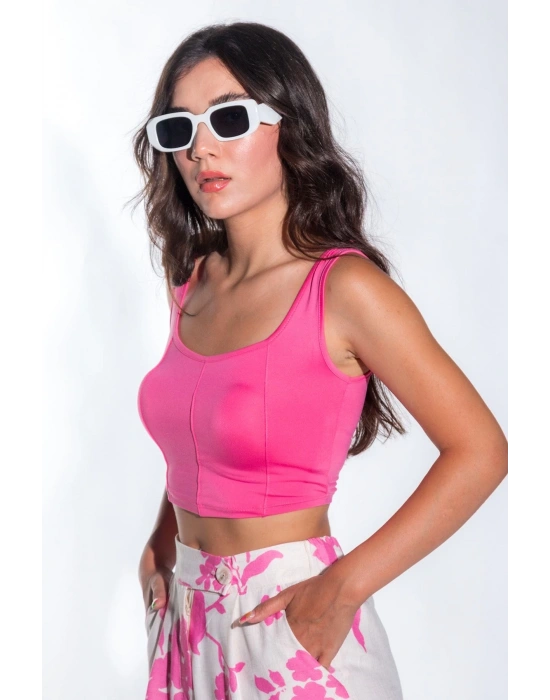 Kadın Önü Oval Kesim Çima Detay Sandy Kumaş Kalın Askılı Kadın Pembe Crop Bluz