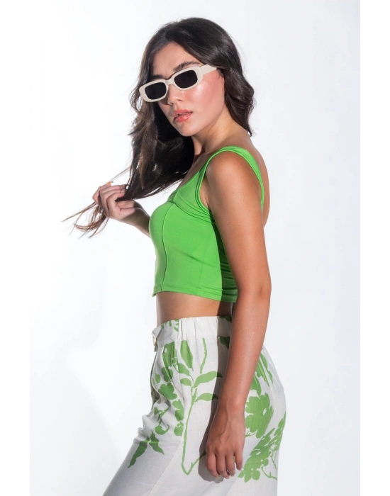 Kadın Önü Oval Kesim Çima Detay Sandy Kumaş Kalın Askılı Kadın Yeşil Crop Bluz