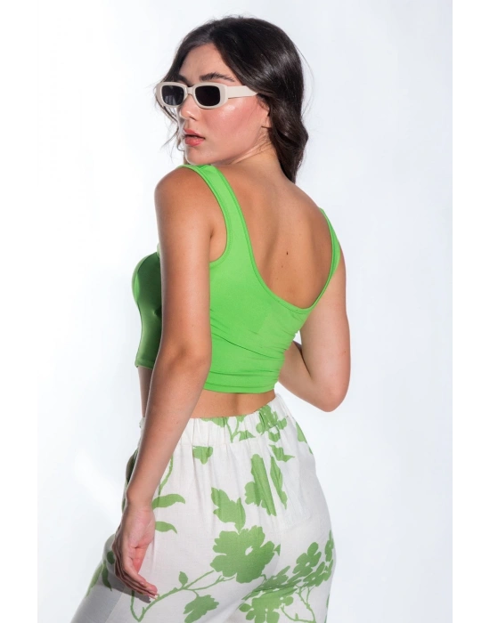 Kadın Önü Oval Kesim Çima Detay Sandy Kumaş Kalın Askılı Kadın Yeşil Crop Bluz