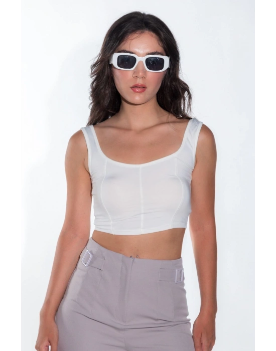 Kadın Önü Oval Kesim Çima Detay Sandy Kumaş Kalın Askılı Kadın Beyaz Crop Bluz