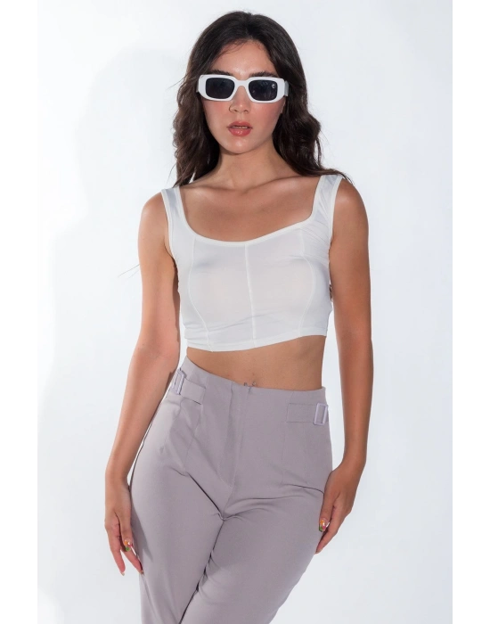 Kadın Önü Oval Kesim Çima Detay Sandy Kumaş Kalın Askılı Kadın Beyaz Crop Bluz