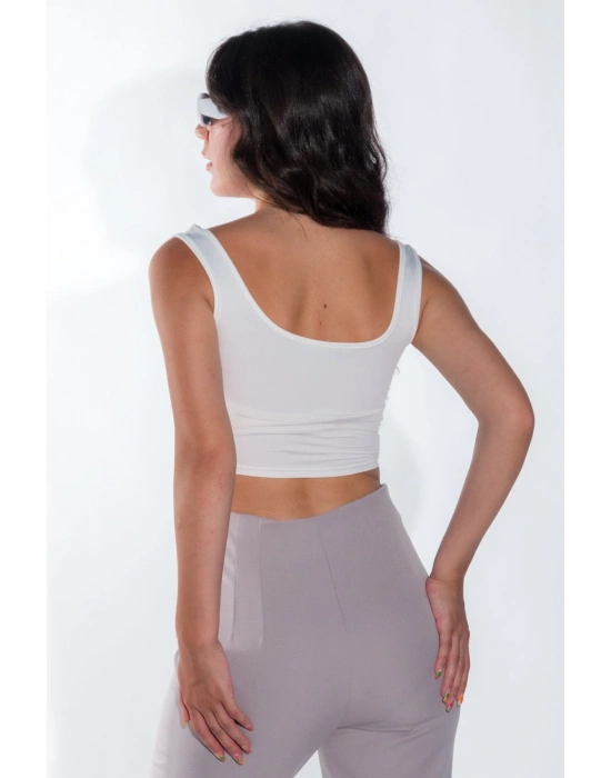 Kadın Önü Oval Kesim Çima Detay Sandy Kumaş Kalın Askılı Kadın Beyaz Crop Bluz