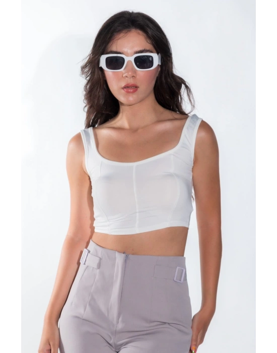 Kadın Önü Oval Kesim Çima Detay Sandy Kumaş Kalın Askılı Kadın Beyaz Crop Bluz