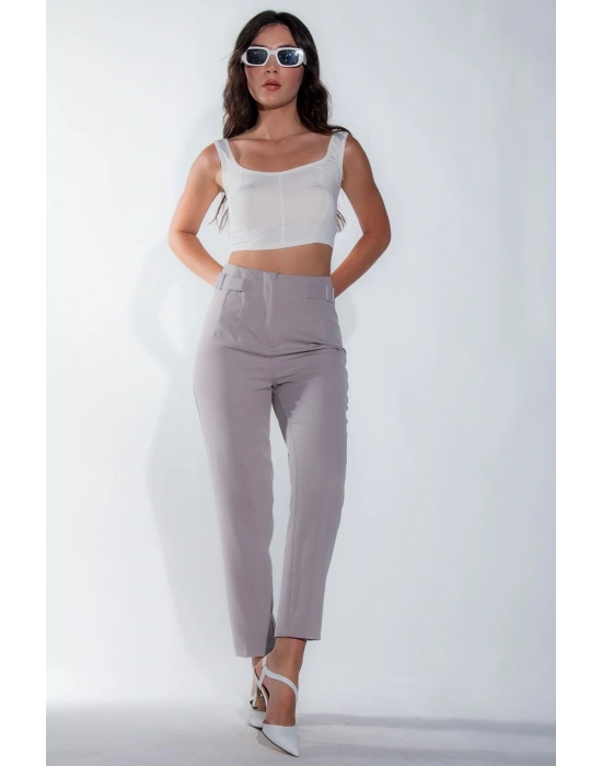Kadın Gri Dar Paça Toka Detay Kadın Kumaş Pantolon