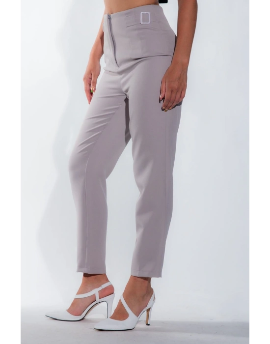 Kadın Gri Dar Paça Toka Detay Kadın Kumaş Pantolon