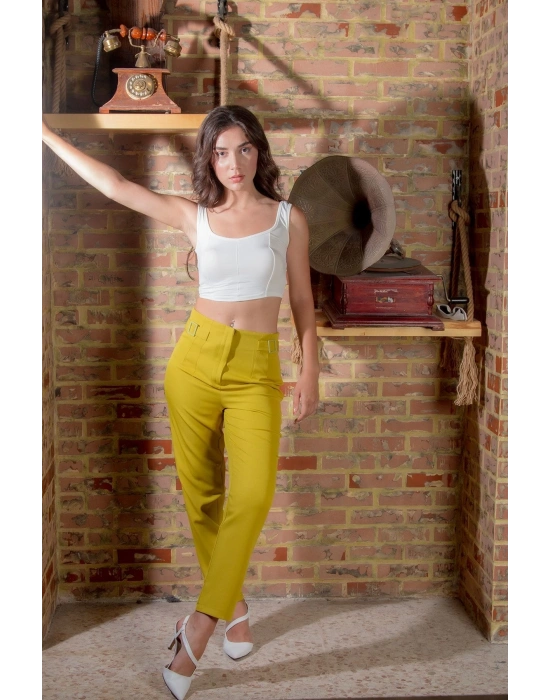 Kadın Yağ Yeşili Dar Paça Toka Detay Kadın Kumaş Pantolon