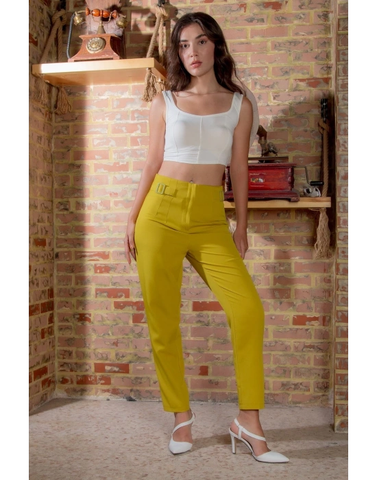 Kadın Yağ Yeşili Dar Paça Toka Detay Kadın Kumaş Pantolon