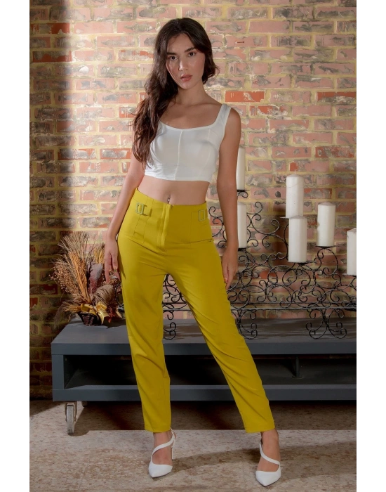 Kadın Yağ Yeşili Dar Paça Toka Detay Kadın Kumaş Pantolon