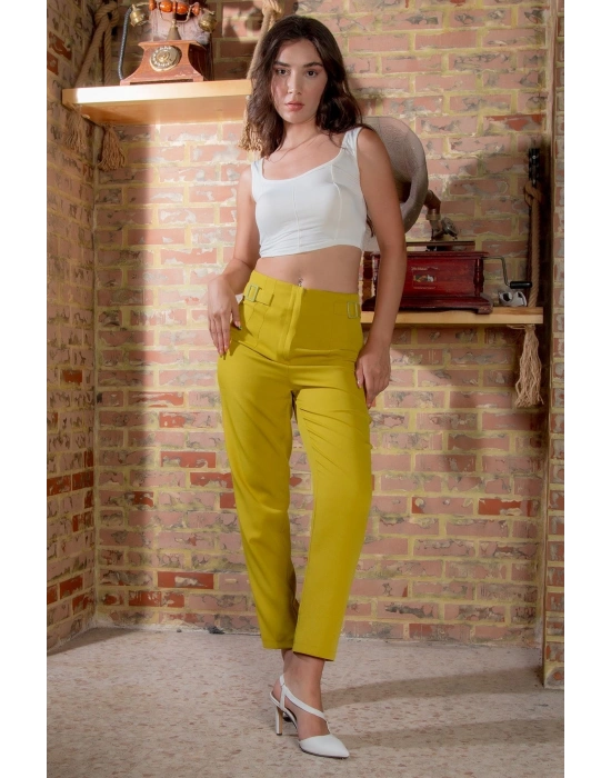 Kadın Yağ Yeşili Dar Paça Toka Detay Kadın Kumaş Pantolon