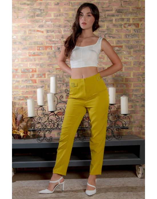 Kadın Yağ Yeşili Dar Paça Toka Detay Kadın Kumaş Pantolon