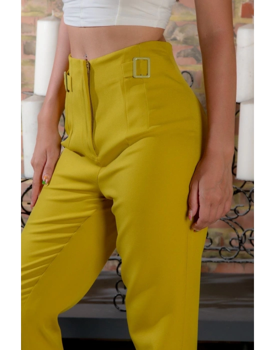 Kadın Yağ Yeşili Dar Paça Toka Detay Kadın Kumaş Pantolon