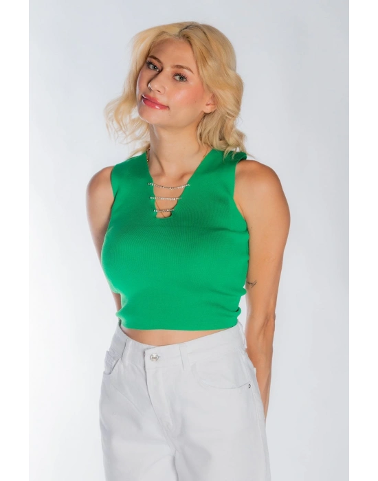 Kadın Yakası Zincir Detay Triko Yeşil Crop Kadın V Yaka Bluz