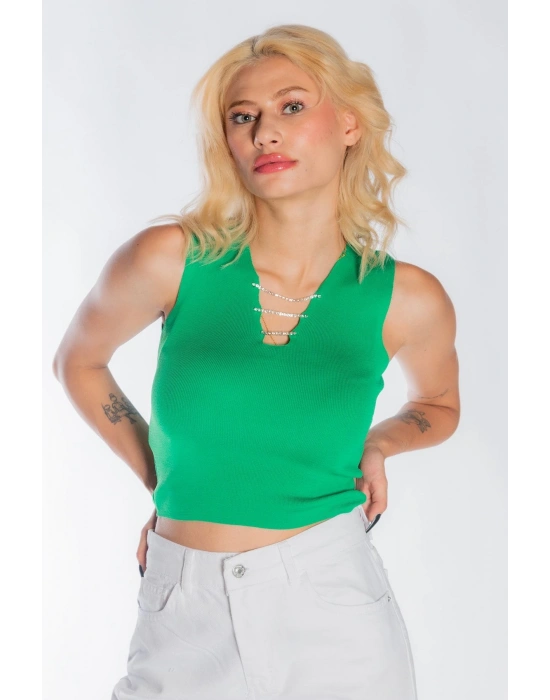 Kadın Yakası Zincir Detay Triko Yeşil Crop Kadın V Yaka Bluz