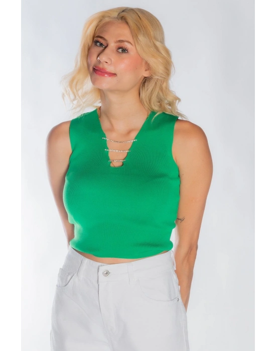 Kadın Yakası Zincir Detay Triko Yeşil Crop Kadın V Yaka Bluz