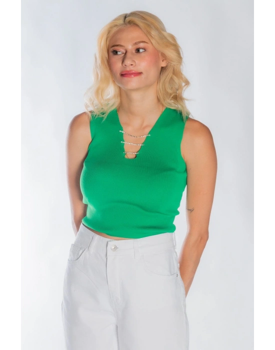 Kadın Yakası Zincir Detay Triko Yeşil Crop Kadın V Yaka Bluz