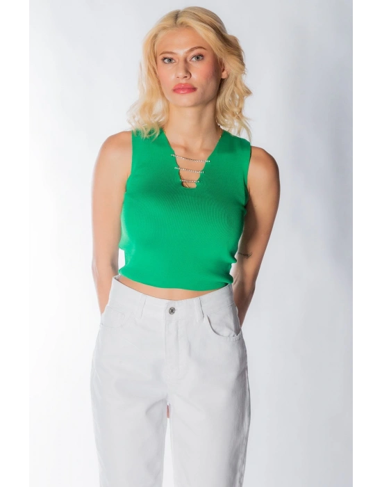 Kadın Yakası Zincir Detay Triko Yeşil Crop Kadın V Yaka Bluz