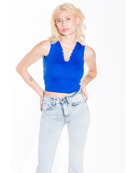 Kadın Yakası Zincir Detay Triko Mavi Crop Kadın V Yaka Bluz