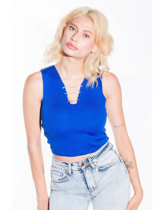 Kadın Yakası Zincir Detay Triko Mavi Crop Kadın V Yaka Bluz