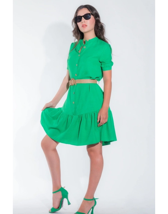 Kadın Önü Düğmeli Hasır Kemerli Kadın Midi Yeşil Yazlık Elbise