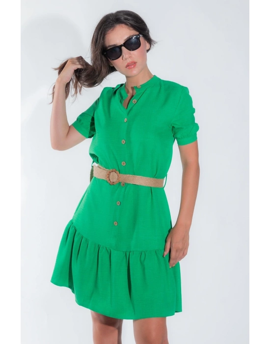 Kadın Önü Düğmeli Hasır Kemerli Kadın Midi Yeşil Yazlık Elbise