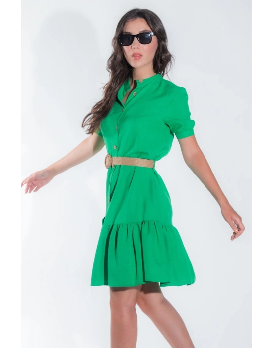 Kadın Önü Düğmeli Hasır Kemerli Kadın Midi Yeşil Yazlık Elbise