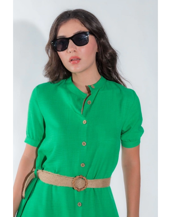 Kadın Önü Düğmeli Hasır Kemerli Kadın Midi Yeşil Yazlık Elbise