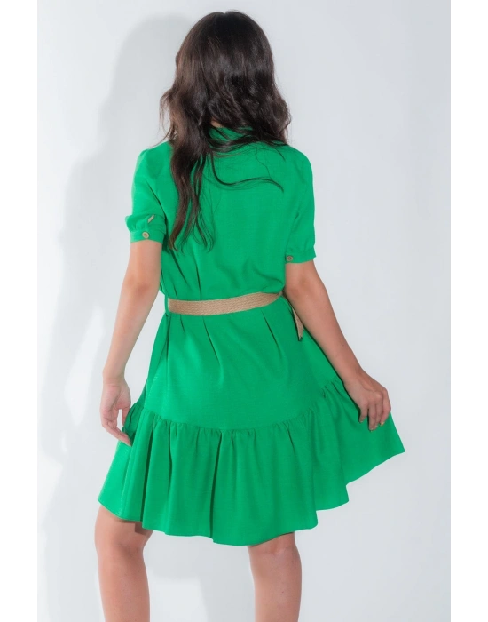 Kadın Önü Düğmeli Hasır Kemerli Kadın Midi Yeşil Yazlık Elbise