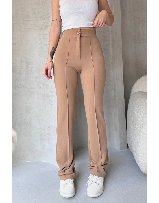 Kadın Bej Yüksek Bel Toparlayıcı Ispanyol Paça Pantolon