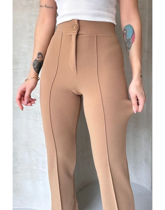 Kadın Bej Yüksek Bel Toparlayıcı Ispanyol Paça Pantolon