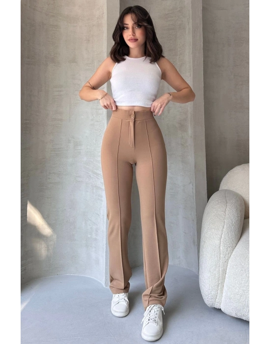 Kadın Bej Yüksek Bel Toparlayıcı Ispanyol Paça Pantolon
